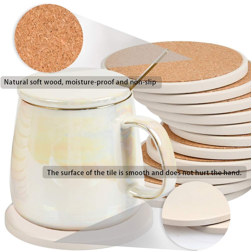 FOCCTS 12 Pcs Ceramic Tiles for Crafts Coasters, Absorbent Stone Coaster Blanks for Crafts, 4inch Ceramic White Tiles Unglazed with Cork Backing Pads, Decorate Your Own Coaster DIY Project - Image 3